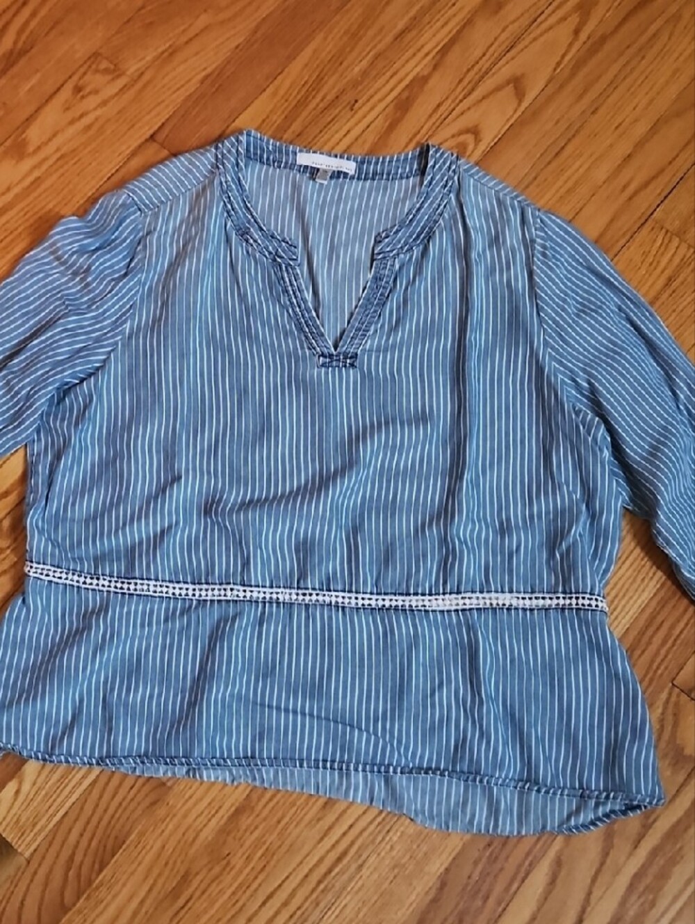 Light Blue Striped Women’s Blouse with Crochet Waist Detail